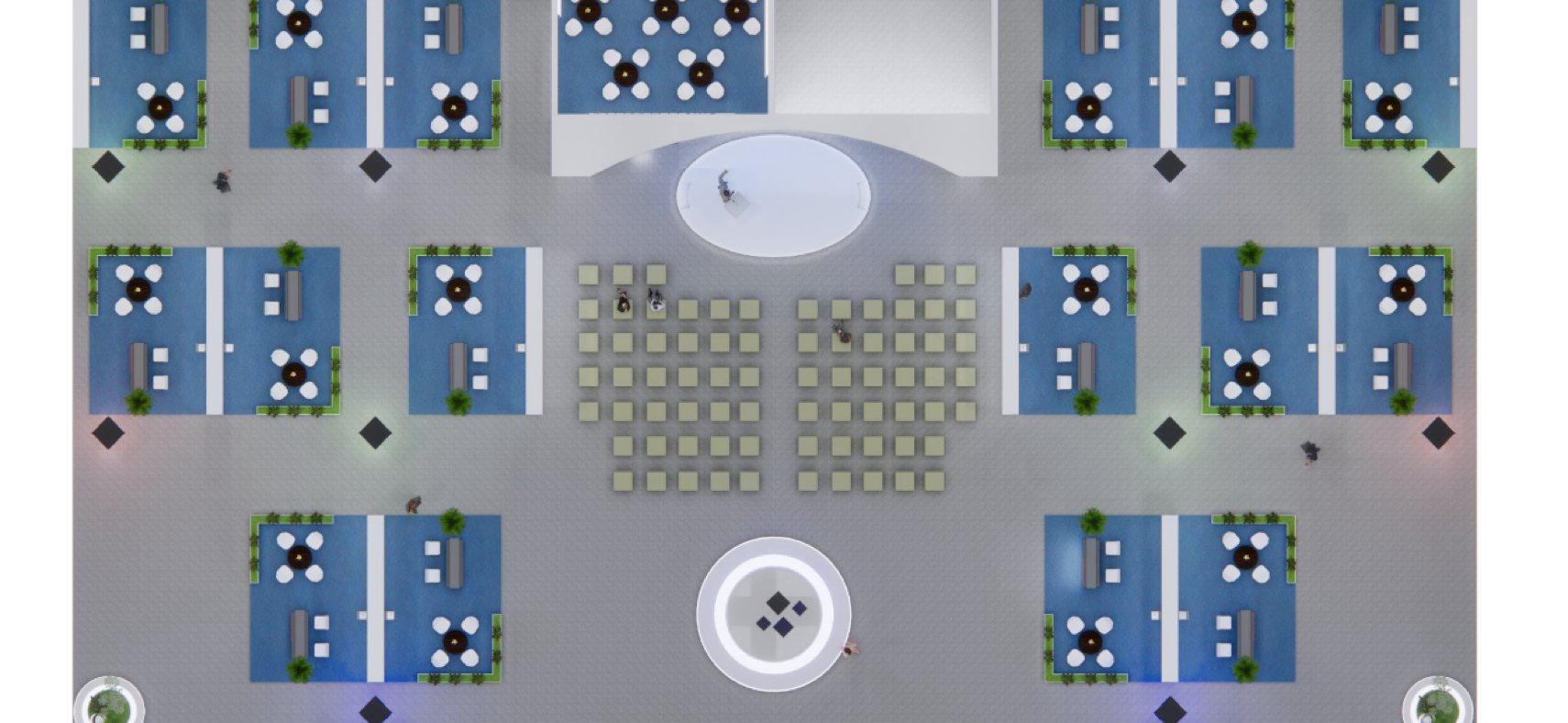 Panoramic view of the international exhibition area with full curved design