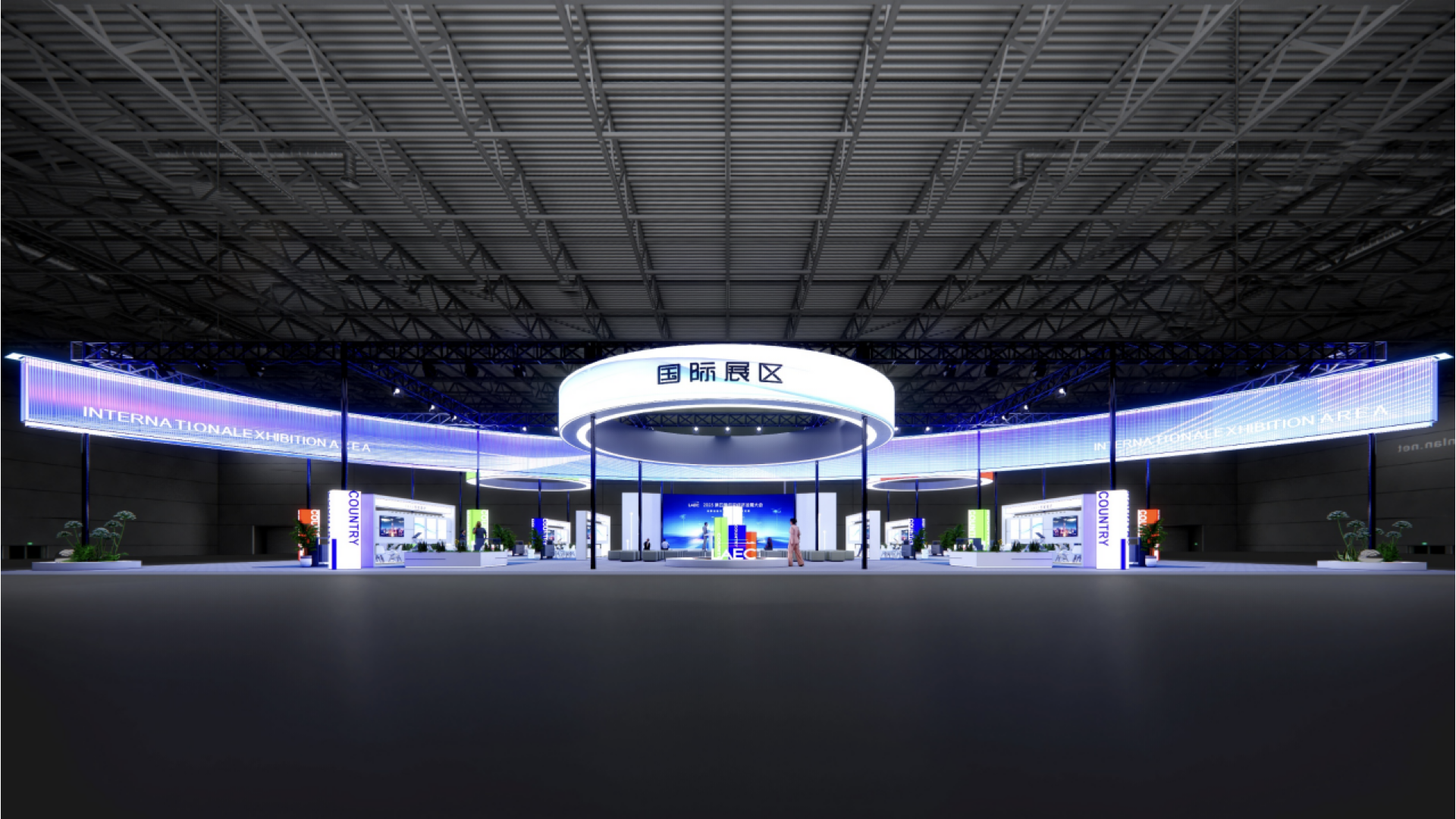 Aerial view of exhibition layout with booth arrangements and central presentation areas