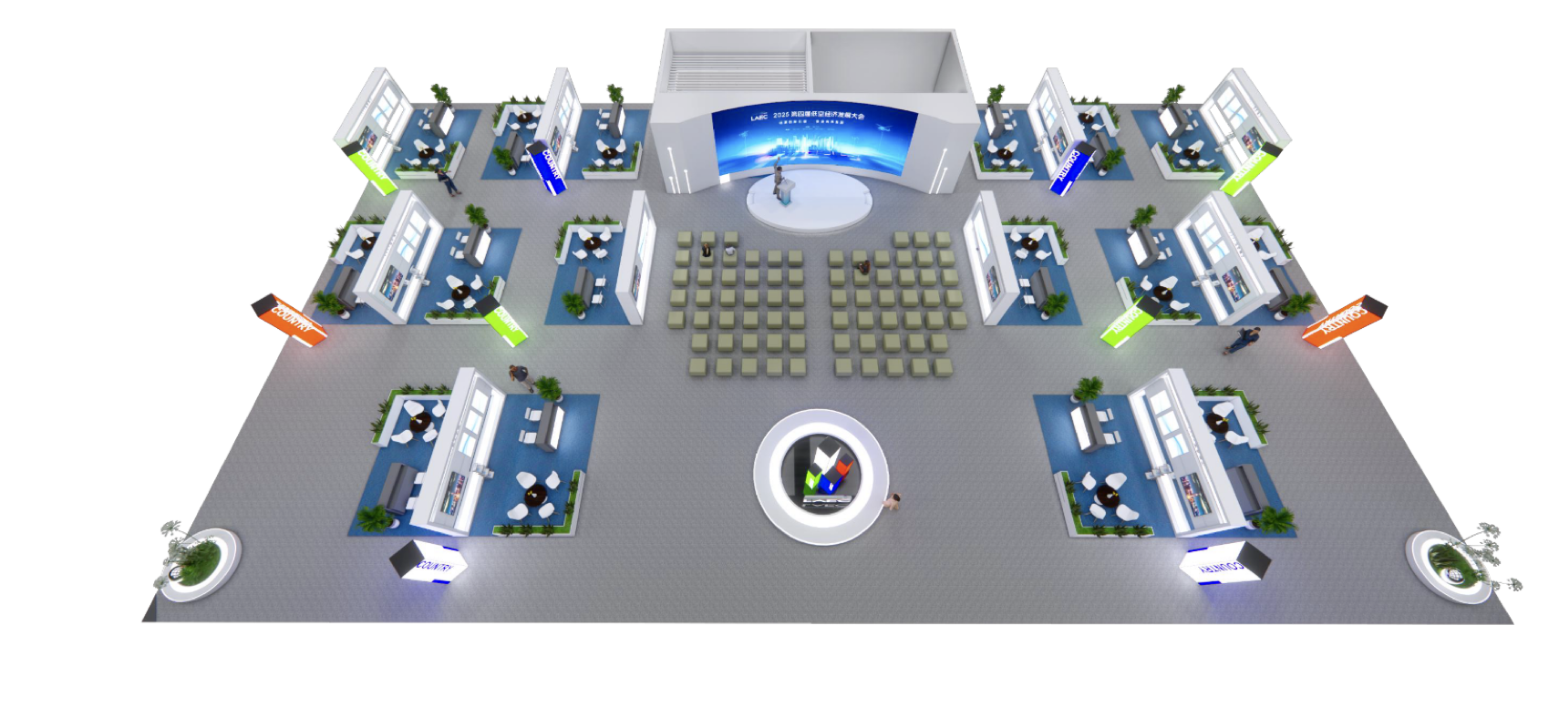 3D isometric view of exhibition layout showing booth arrangements and presentation areas